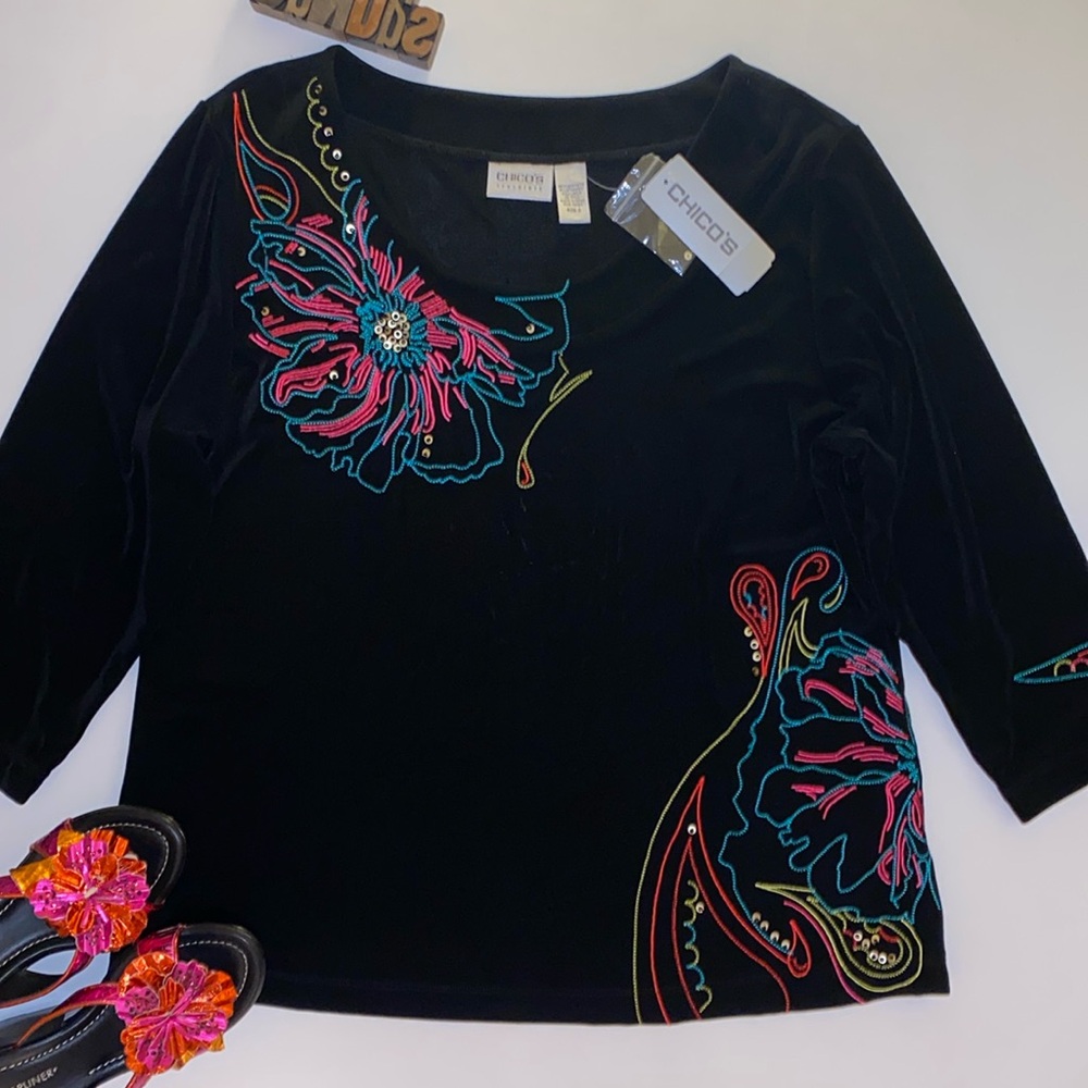 🆕CHICOS travelers ‘LA ISLA’ Tapestry 3/4 Sleeve Top in Black